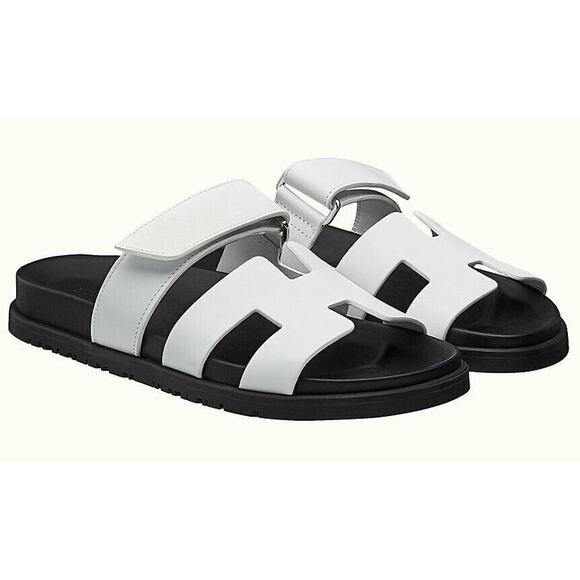 Hermes Chypre Sandal Black White Calfskin Leather H Logo Slide Slip On Flat 41.5 - Picture 1 of 11